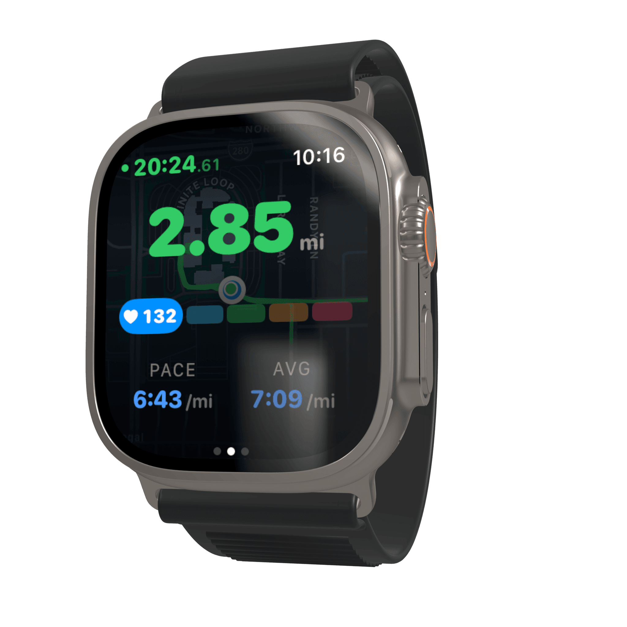 Vitadel Run on Apple Watch Ultra showing live pace, heart rate, and distance